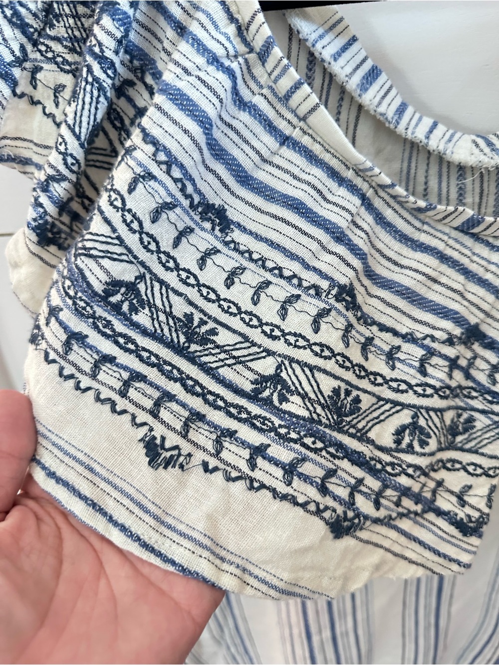 NEW Democracy S blue stripe linen blend off the shoulder top coastal vacation - Picture 5 of 14